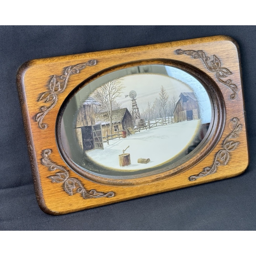 Vintage Reverse Painted Glass Rustic Farm Scene Carved 10" X 7" Frame